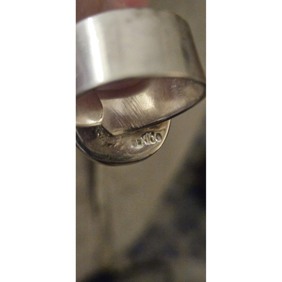 Corrugated Mexican Sterling Silver Wide Band Ring - Reveka Rose Mexican Ceramic Ring Pottery Artisan Silver Plated Sz 9.25 Signed Mexico Rare